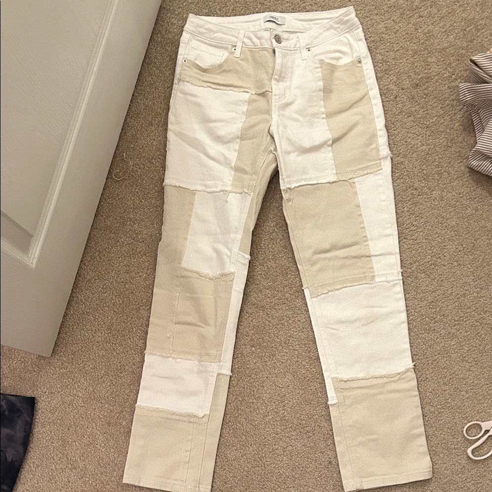 Beige Patchwork Straight Leg Jeans